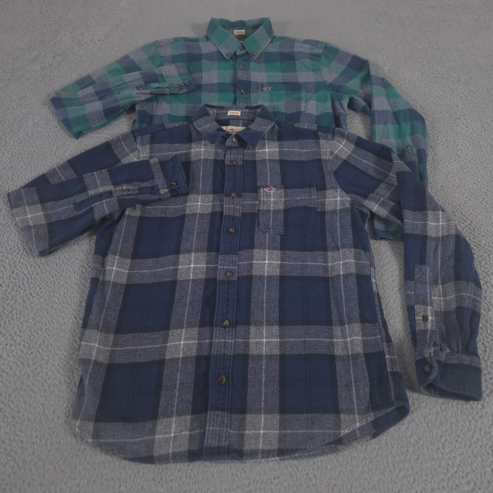 LOT OF 2 Hollister Shirt Mens M‎ Multi Plaid Stretch Cotton Flannel Button Down